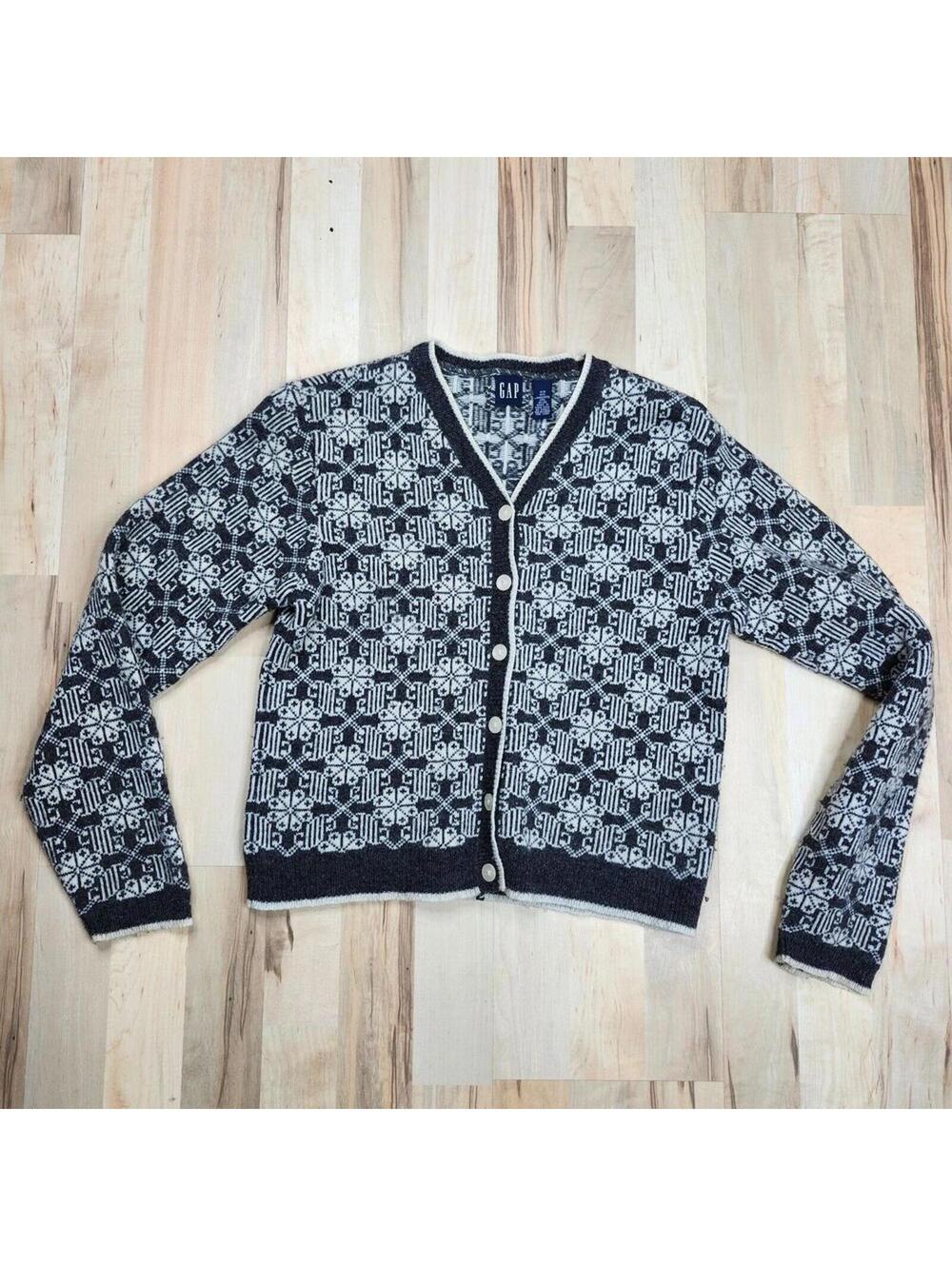 Vintage GAP Lambswool Cardigan Nordic Fair Isle Sweater Gray XS Hong Kong